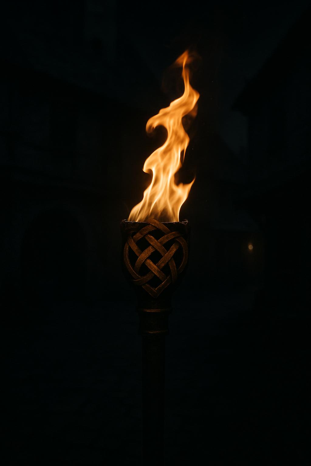 A flame rises from a decorative metal goblet with an interwoven design against a dark background.