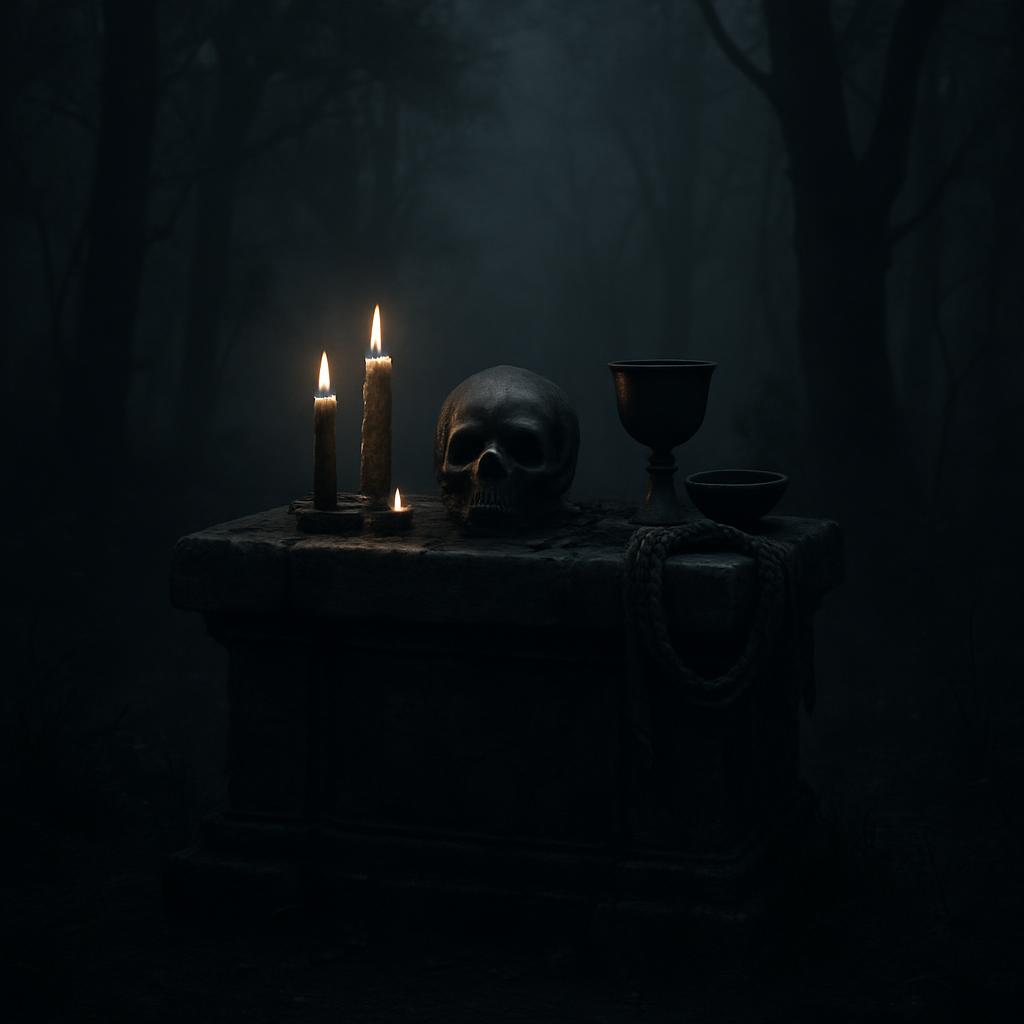 A dark still-life setting with a human skull, candles, and grail.